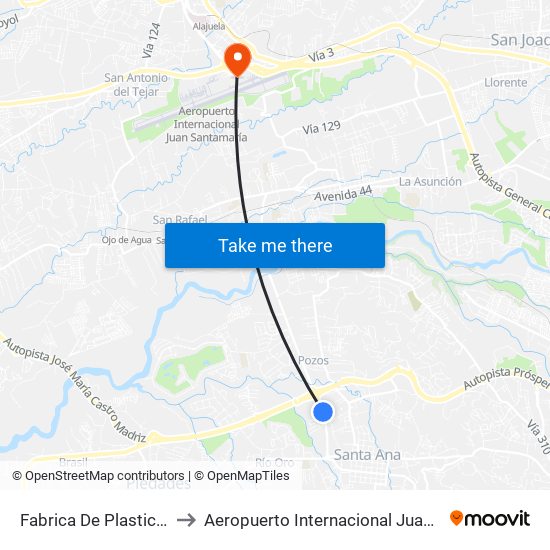 Fabrica De Plastico, Santa Ana to Aeropuerto Internacional Juan Santamaría (SJO) map