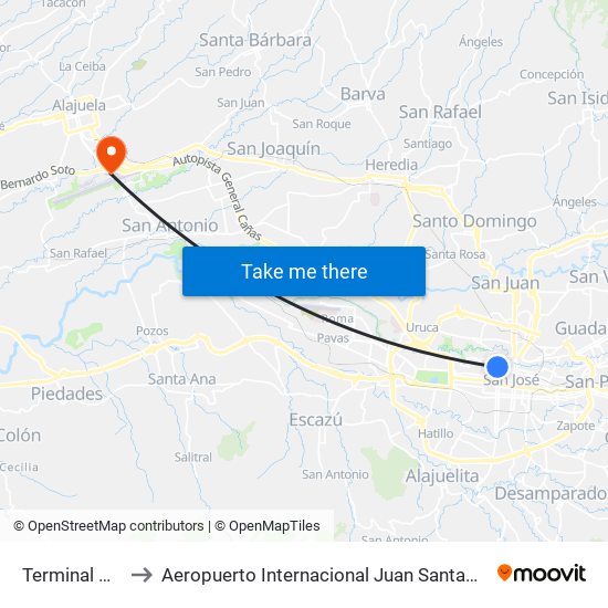 Terminal Mepe to Aeropuerto Internacional Juan Santamaría (SJO) map