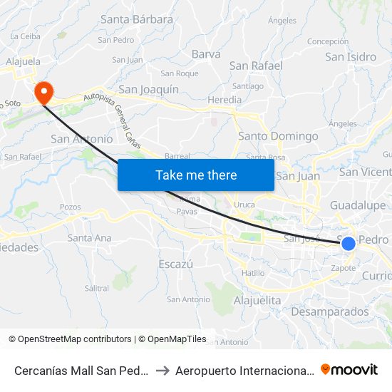 Cercanías Mall San Pedro, Dent Montes De Oca to Aeropuerto Internacional Juan Santamaría (SJO) map