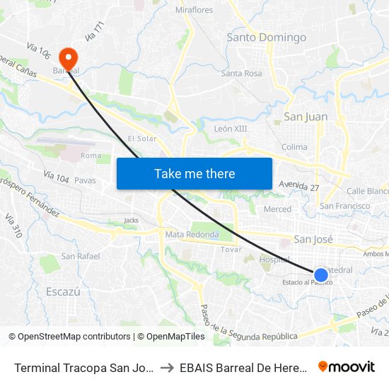 Terminal Tracopa San José to EBAIS Barreal De Heredia map