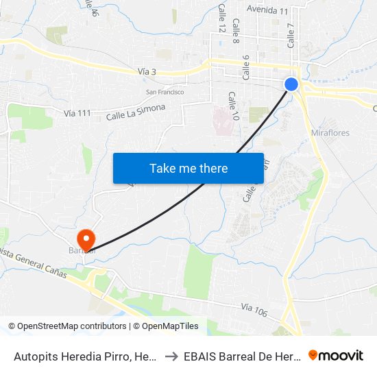 Autopits Heredia Pirro, Heredia to EBAIS Barreal De Heredia map