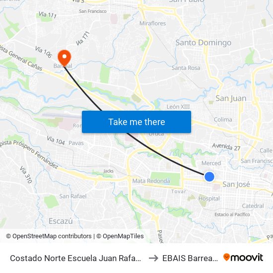 Costado Norte Escuela Juan Rafael Mora, Pitahaya San José to EBAIS Barreal De Heredia map