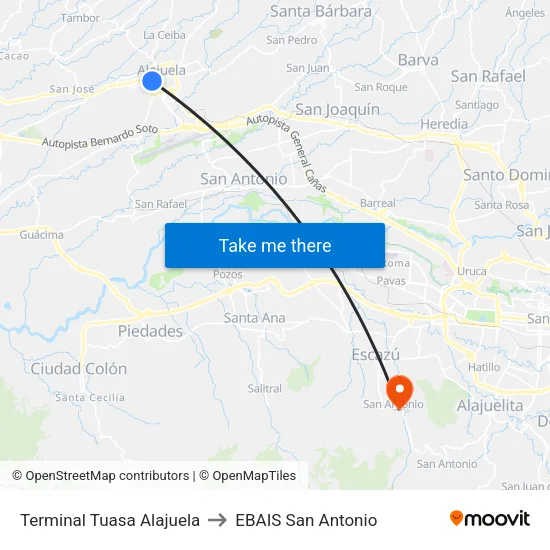 Terminal Tuasa Alajuela to EBAIS San Antonio map