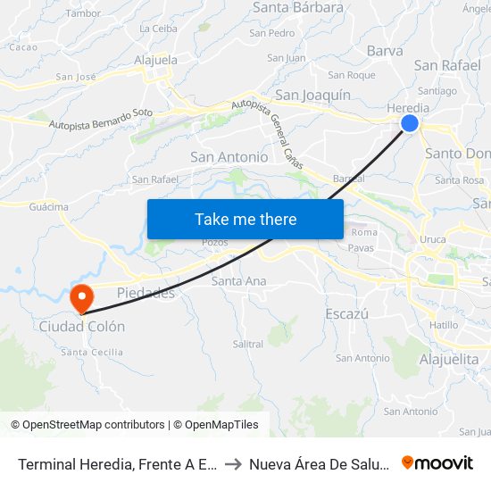 Terminal Heredia, Frente A Escuela Braulio Morales to Nueva Área De Salud Mora Palmichal map