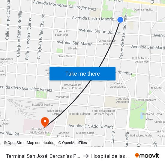 Terminal San José, Cercanías Plaza De Las Garantías Sociales La Soledad to Hospital de las Mujeres Dr. Adolfo CARIT map