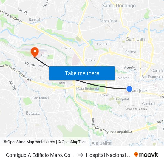 Contiguo A Edificio Maro, Coca Cola San José to Hospital Nacional Psiquiátrico map