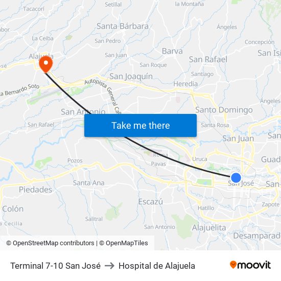 Terminal 7-10 San José to Hospital de Alajuela map