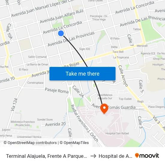 Terminal Alajuela, Frente A Parque De Los Niños to Hospital de Alajuela map