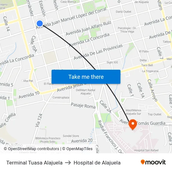 Terminal Tuasa Alajuela to Hospital de Alajuela map