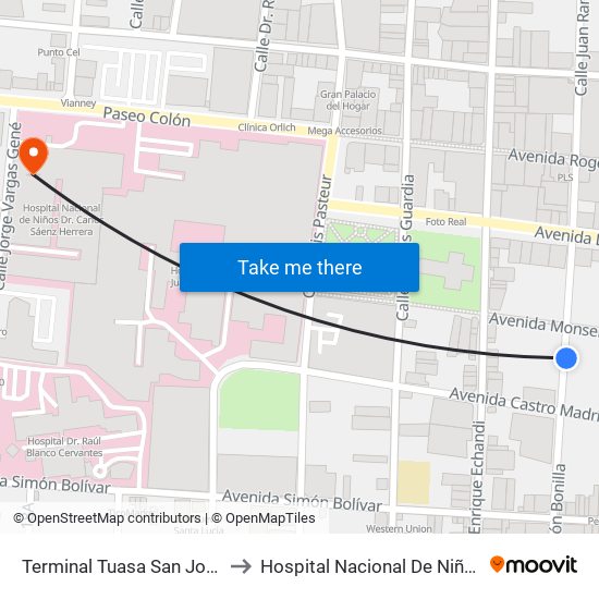 Terminal Tuasa San José to Hospital Nacional De Niños map