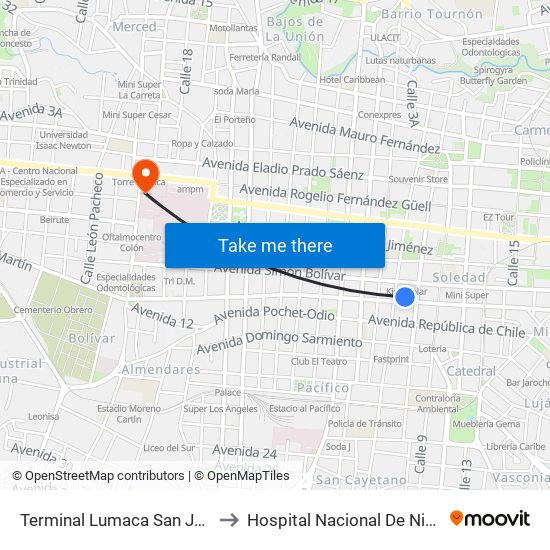 Terminal Lumaca San José to Hospital Nacional De Niños map