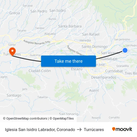 Iglesia San Isidro Labrador, Coronado to Turrúcares map