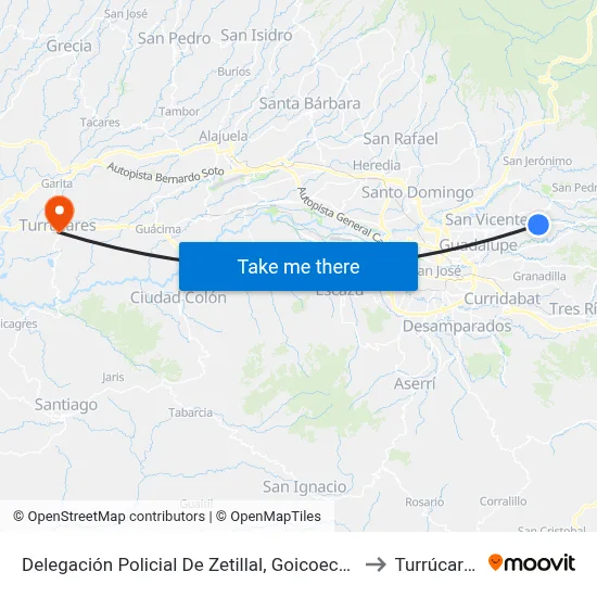 Delegación Policial De Zetillal, Goicoechea to Turrúcares map