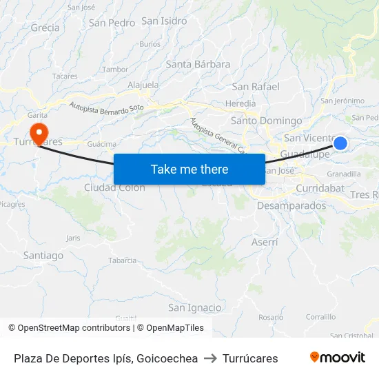 Plaza De Deportes Ipís, Goicoechea to Turrúcares map