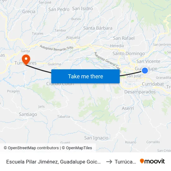 Escuela Pilar Jiménez, Guadalupe Goicoechea to Turrúcares map