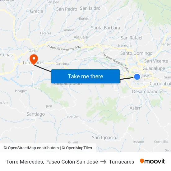 Torre Mercedes, Paseo Colón San José to Turrúcares map