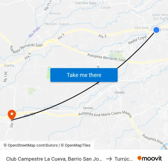 Club Campestre La Cueva, Barrio San José Alajuela to Turrúcares map