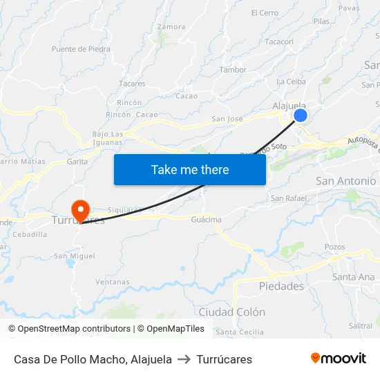 Casa De Pollo Macho, Alajuela to Turrúcares map