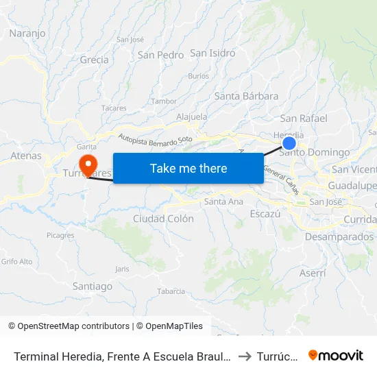 Terminal Heredia, Frente A Escuela Braulio Morales to Turrúcares map