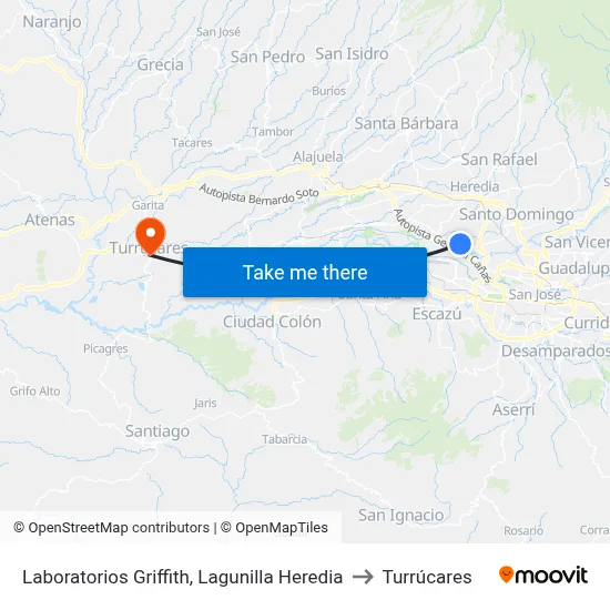 Laboratorios Griffith, Lagunilla Heredia to Turrúcares map