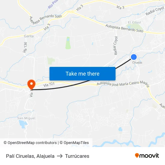 Palí Ciruelas, Alajuela to Turrúcares map