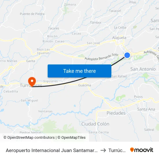 Aeropuerto Internacional Juan Santamaría, Alajuela to Turrúcares map