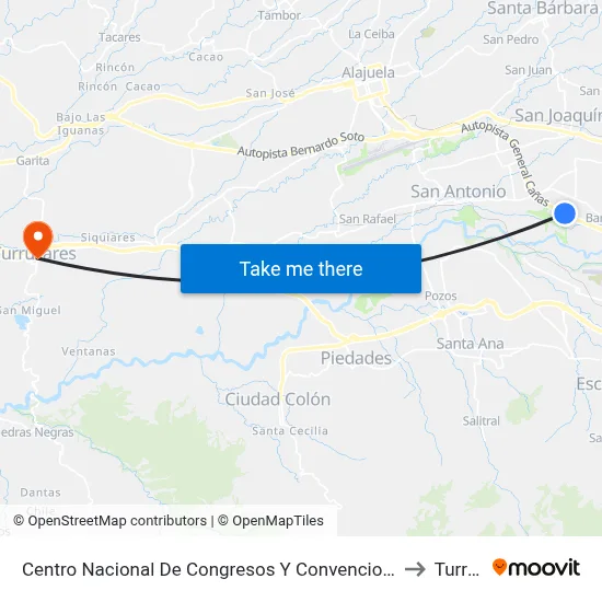 Centro Nacional De Congresos Y Convenciones, Auotpista General Cañas Heredia to Turrúcares map