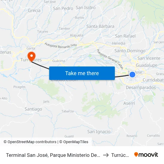 Terminal San José, Parque Ministerio De La Salud to Turrúcares map