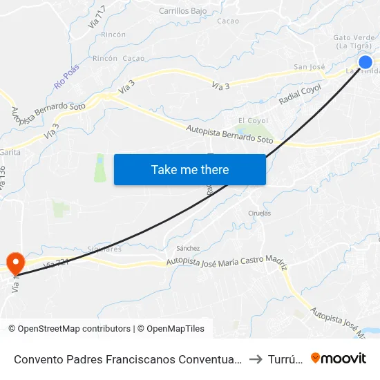 Convento Padres Franciscanos Conventuales, La Trinidad Alajuela to Turrúcares map