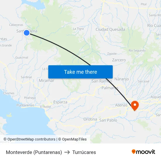 Monteverde (Puntarenas) to Turrúcares map