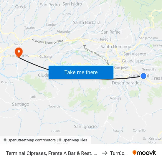 Terminal Cipreses, Frente A Bar & Rest. Coopemar to Turrúcares map