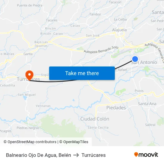 Balneario Ojo De Agua, Belén to Turrúcares map