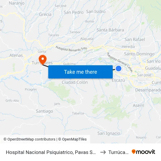 Hospital Nacional Psiquiatrico, Pavas San José to Turrúcares map