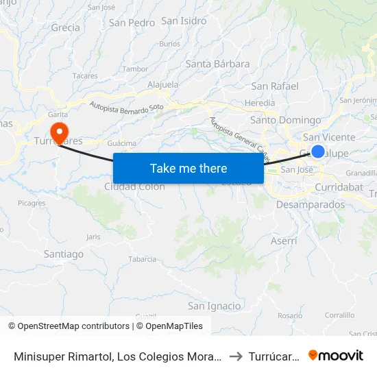 Minisuper Rimartol, Los Colegios Moravia to Turrúcares map