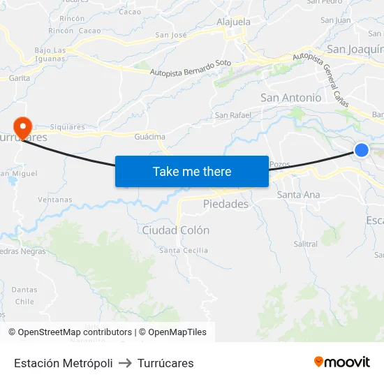 Estación Metrópoli to Turrúcares map