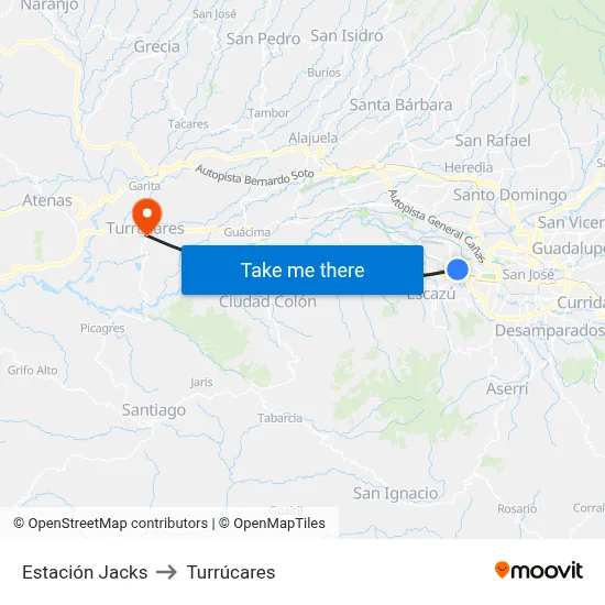 Estación Jacks to Turrúcares map