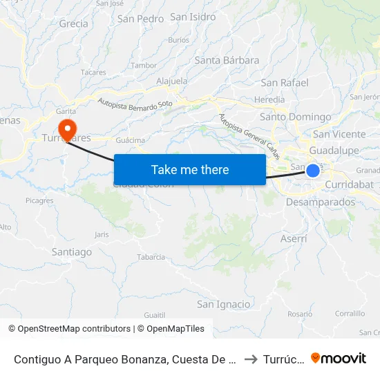 Contiguo A Parqueo Bonanza, Cuesta De Moras San José to Turrúcares map