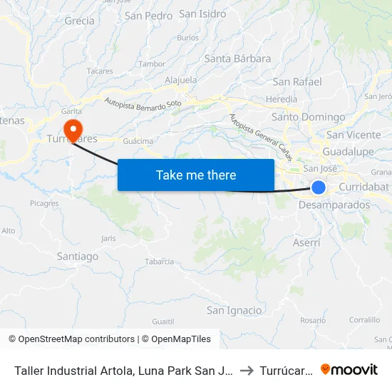 Taller Industrial Artola, Luna Park San José to Turrúcares map