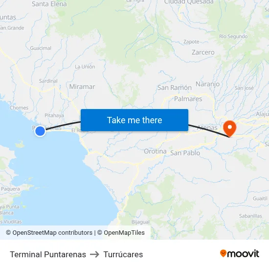 Terminal Puntarenas to Turrúcares map