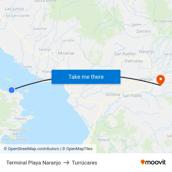 Terminal Playa Naranjo to Turrúcares map