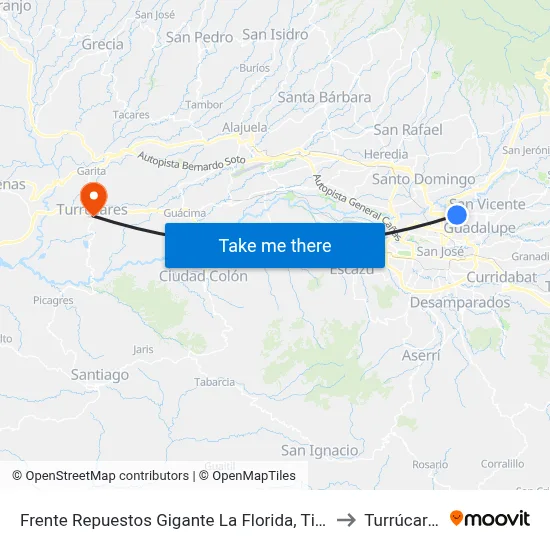 Frente Repuestos Gigante La Florida, Tibás to Turrúcares map