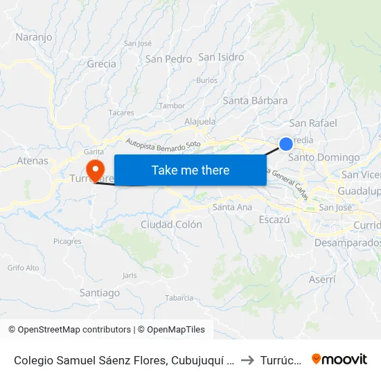 Colegio Samuel Sáenz Flores, Cubujuquí De Heredia to Turrúcares map