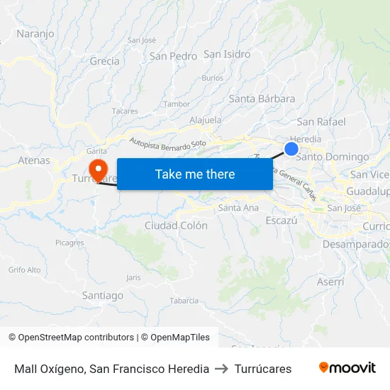 Mall Oxígeno, San Francisco Heredia to Turrúcares map
