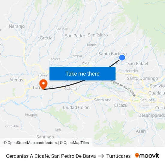 Cercanías A Cicafé, San Pedro De Barva to Turrúcares map