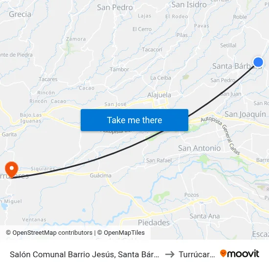 Salón Comunal Barrio Jesús, Santa Bárbara to Turrúcares map