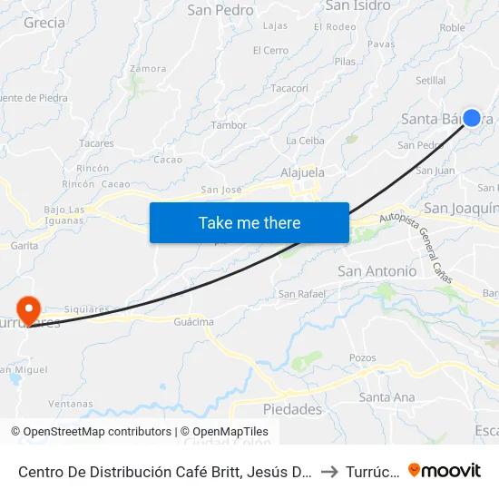 Centro De Distribución Café Britt, Jesús De Santa Bárbara to Turrúcares map