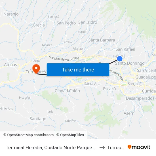 Terminal Heredia, Costado Norte Parque De El Carmén to Turrúcares map