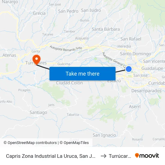 Capris Zona Industrial La Uruca, San José to Turrúcares map