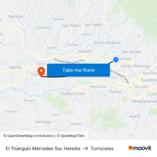 El Triángulo Mercedes Sur, Heredia to Turrúcares map