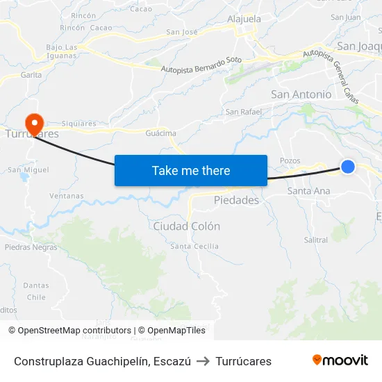 Construplaza Guachipelín, Escazú to Turrúcares map